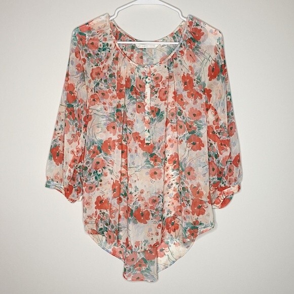 Lauren Conrad Pink Sheer Floral Flower Detail Button 3/4 Length Blouse Size S - Picture 1 of 8